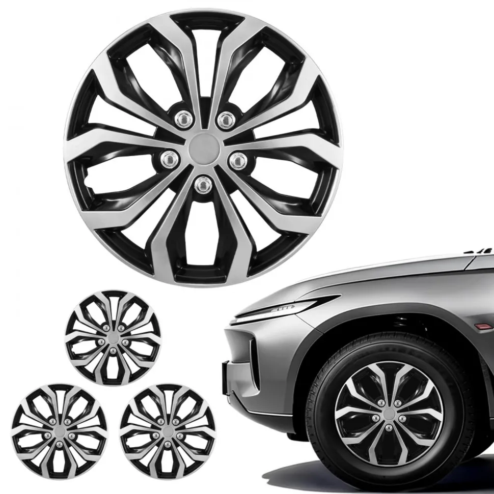 VEVOR Hubcaps Wheel Covers, 15 Inch Set of 4 Wheel Rim Cover Hubcaps OEM Replacement, R15 Size Snap On Car Hub Caps, Universal 10-Spoke ABS Tire Rim Caps for Hyundai Chevrolet Ford Honda, Silver/Black