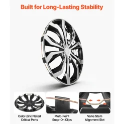 VEVOR Hubcaps Wheel Covers, 15 Inch Set of 4 Wheel Rim Cover Hubcaps OEM Replacement, R15 Size Snap On Car Hub Caps, Universal 10-Spoke ABS Tire Rim Caps for Hyundai Chevrolet Ford Honda, Silver/Black