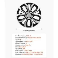 VEVOR Hubcaps Wheel Covers, 15 Inch Set of 4 Wheel Rim Cover Hubcaps OEM Replacement, R15 Size Snap On Car Hub Caps, Universal 10-Spoke ABS Tire Rim Caps for Hyundai Chevrolet Ford Honda, Silver/Black