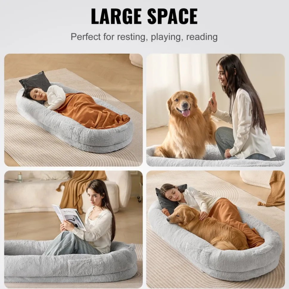 VEVOR Human Dog Bed, 67.7"x35"x9.8" Human Dog Bed for Adult, Human Size Dog Bed with Washable Faux Rabbit Fur Cover, Egg Orthopedic Foam, Storage Pocket, Large Dog Bean Bed, Light Grey