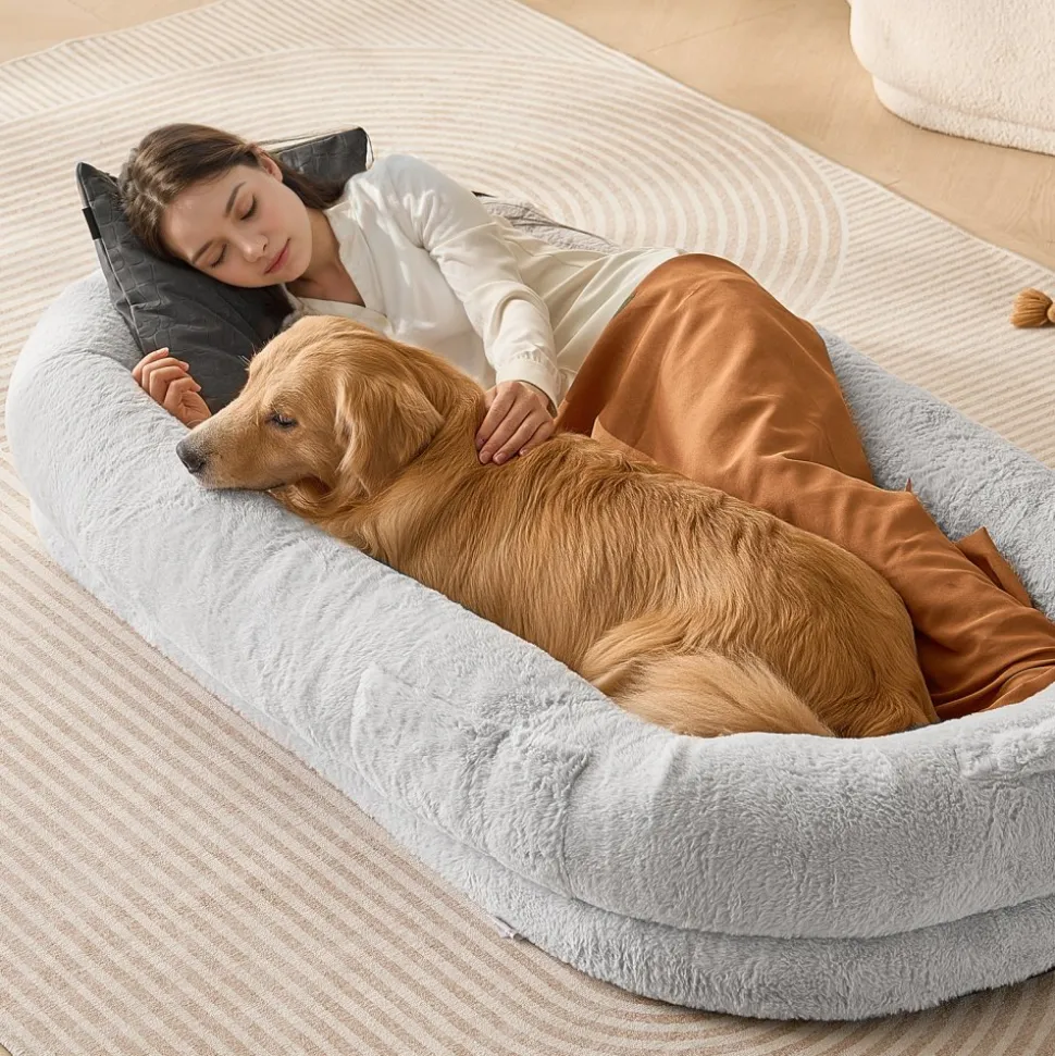VEVOR Human Dog Bed, 67.7"x35"x9.8" Human Dog Bed for Adult, Human Size Dog Bed with Washable Faux Rabbit Fur Cover, Egg Orthopedic Foam, Storage Pocket, Large Dog Bean Bed, Light Grey