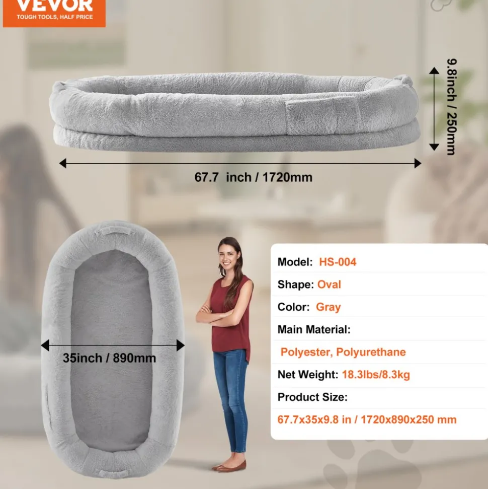 VEVOR Human Dog Bed, 67.7"x35"x9.8" Human Dog Bed for Adult, Human Size Dog Bed with Washable Faux Rabbit Fur Cover, Egg Orthopedic Foam, Storage Pocket, Large Dog Bean Bed, Light Grey