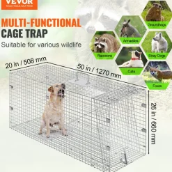 VEVOR Humane Live Animal Trap, Dimensions 50" x 20" x 26", Crafted from Galvanized Iron, Collapsible Design with Carrying Handle for Capturing Stray Dogs, Armadillos, Raccoons, Marmots, and Foxes