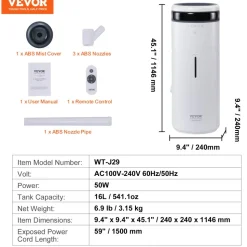 VEVOR Humidifier for Home Large Room, Commercial Humidifier for Whole House 1291.7 sq ft, 16L Water Tank & Night Light & 12h Timer & Auto Shut-Off , Greenhouse, Commercial Branch Tube w/ 360° Nozzle
