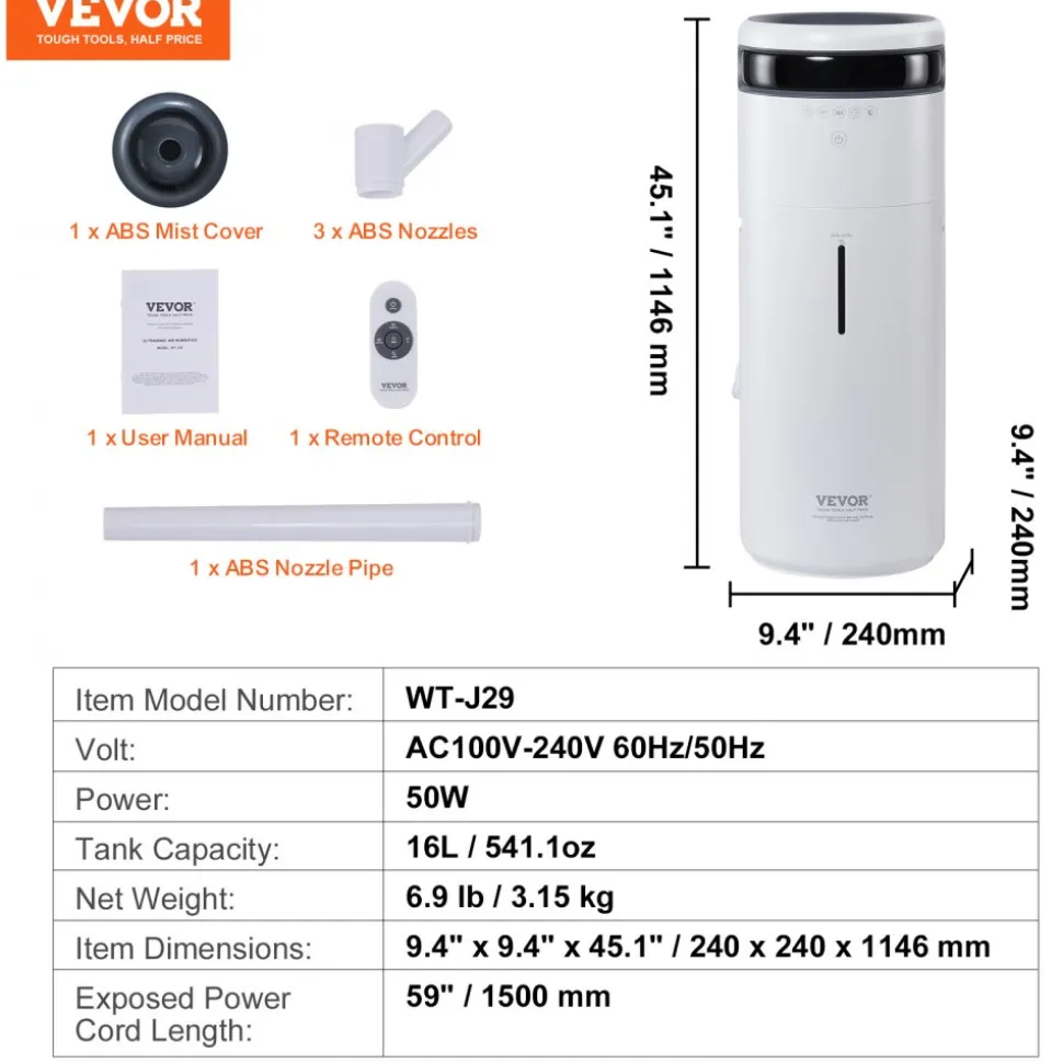 VEVOR Humidifier for Home Large Room, Commercial Humidifier for Whole House 1291.7 sq ft, 16L Water Tank & Night Light & 12h Timer & Auto Shut-Off , Greenhouse, Commercial Branch Tube w/ 360° Nozzle