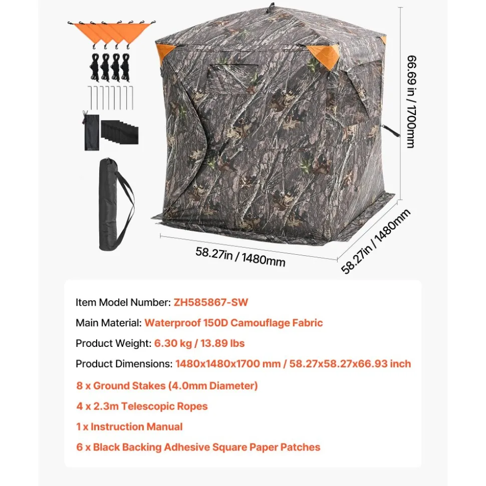 VEVOR Hunting Blind, 270° Ground Blind, 2-3 Person Pop Up Deer Blind for Hunting with Carrying Bag, Portable Resilient Hunting Tent, 3 Horizontal Windows for Turkey and Deer Hunting
