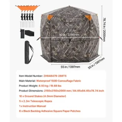VEVOR Hunting Blind, 6-7 Person, 288 Degree 5 Side See-Through Ground Blinds with Carrying Bag, Portable Camouflage Tent, Durable Concealed Shelter with Silent Zipper Door and Window, for Turkey Deer