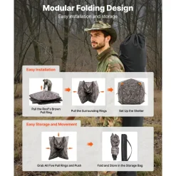 VEVOR Hunting Blind, 6-7 Person, 288 Degree 5 Side See-Through Ground Blinds with Carrying Bag, Portable Camouflage Tent, Durable Concealed Shelter with Silent Zipper Door and Window, for Turkey Deer