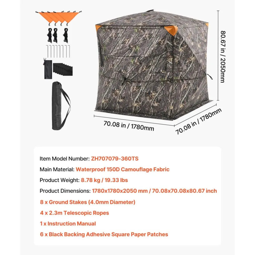 VEVOR Hunting Blind, 4-5 Person See Through Ground Blinds with Carrying Bag, 360 Degree Portable Camouflage Tent, Durable Concealed Shelter with Silent Zipper Door and Window, for Turkey and Deer