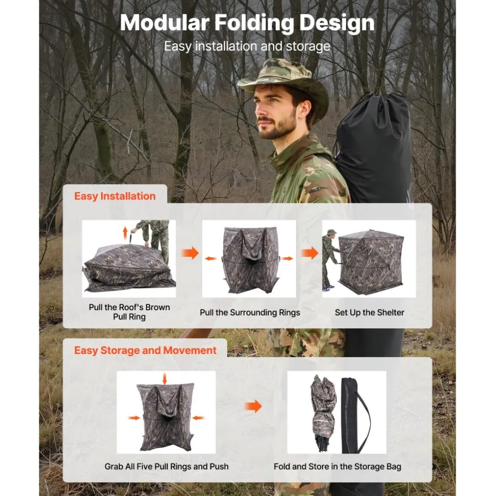 VEVOR Hunting Blind, 4-5 Person See Through Ground Blinds with Carrying Bag, 360 Degree Portable Camouflage Tent, Durable Concealed Shelter with Silent Zipper Door and Window, for Turkey and Deer