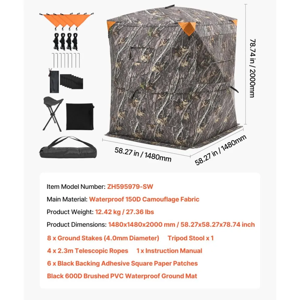 VEVOR Hunting Blind, 2-3 Person Thermal Ground Blinds with Tri-Leg Chair and Carrying Bag, Portable Camouflage Tent, Durable Concealed Shelter with Silent Zipper Door and Window, for Turkey Deer