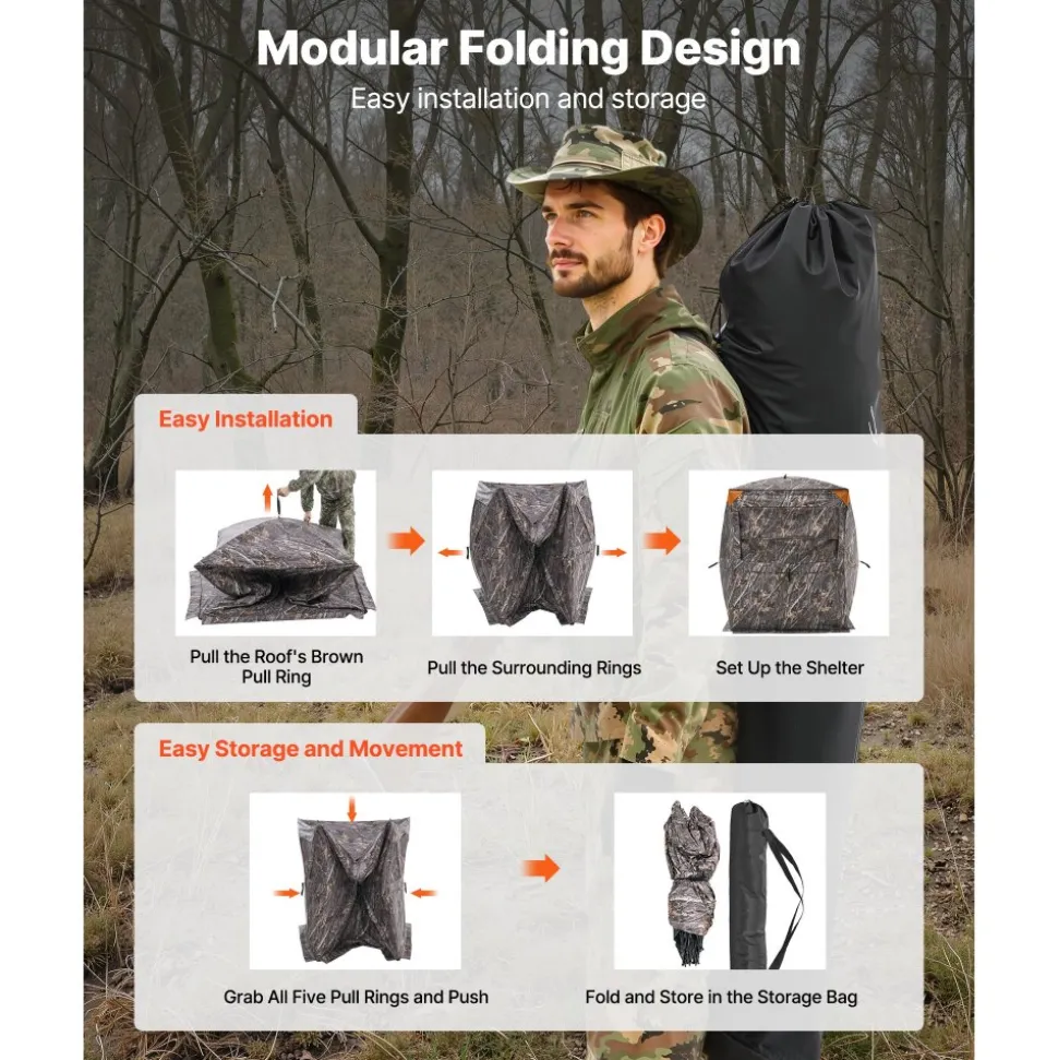 VEVOR Hunting Blind, 2-3 Person Thermal Ground Blinds with Tri-Leg Chair and Carrying Bag, Portable Camouflage Tent, Durable Concealed Shelter with Silent Zipper Door and Window, for Turkey Deer