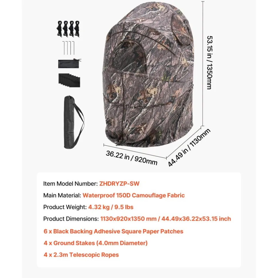 VEVOR Hunting Blind, Single Person Ground Blinds with Carrying Bag, Portable Camouflage Tent, Reinforced Durable Concealed Shelter with Silent Zipper Door and Window, for Turkey and Deer