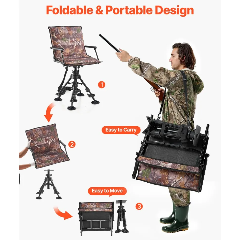 VEVOR Hunting Chair, 360° Silent Swivel, Foldable Portable Blind Chair, Heavy-Duty Steel Frame Ground Stool Seat, with Armrests, Cover, Anti-Sink Feet, Height Adjustable, 350 Lbs Capacity for Camping