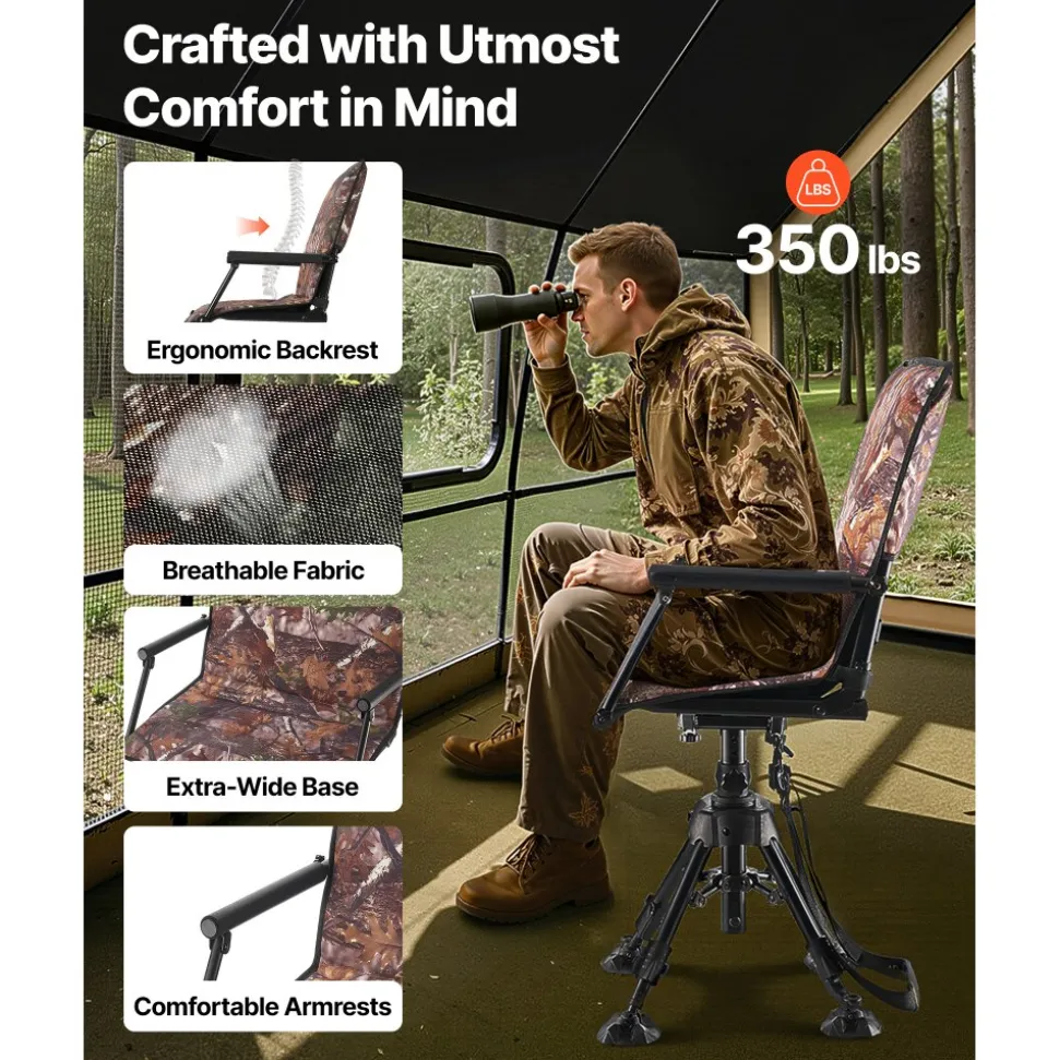 VEVOR Hunting Chair, 360° Silent Swivel, Foldable Portable Blind Chair, Heavy-Duty Steel Frame Ground Stool Seat, with Armrests, Cover, Anti-Sink Feet, Height Adjustable, 350 Lbs Capacity for Camping