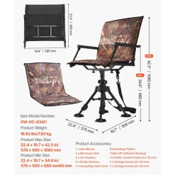 VEVOR Hunting Chair, 360° Silent Swivel, Foldable Portable Blind Chair, Heavy-Duty Steel Frame Ground Stool Seat, with Armrests, Cover, Anti-Sink Feet, Height Adjustable, 350 Lbs Capacity for Camping