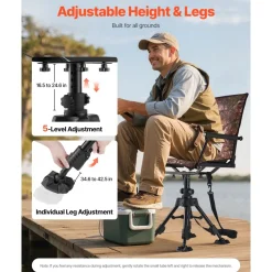 VEVOR Hunting Chair, 360° Silent Swivel, Foldable Portable Blind Chair, Heavy-Duty Steel Frame Ground Stool Seat, with Armrests, Cover, Anti-Sink Feet, Height Adjustable, 350 Lbs Capacity for Camping