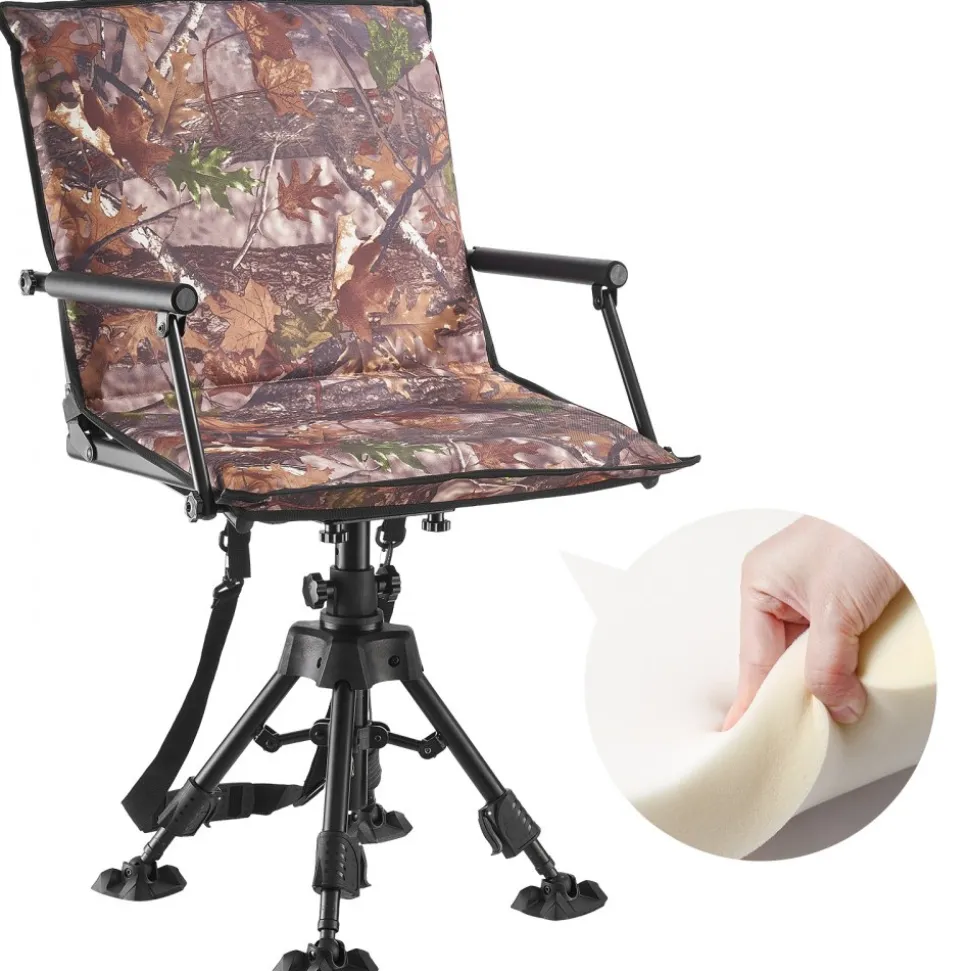 VEVOR Hunting Chair, 360° Silent Swivel, Foldable Portable Blind Chair, Heavy-Duty Steel Frame Ground Stool Seat, with Armrests, Cover, Anti-Sink Feet, Height Adjustable, 350 Lbs Capacity for Camping
