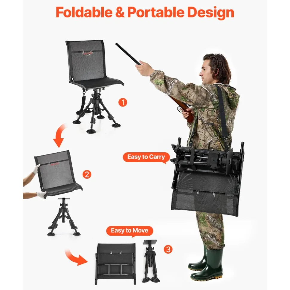 VEVOR Hunting Chair, 360° Silent Swivel, Foldable Portable Blind Chair, Heavy-Duty Steel Frame Ground Stool Seat with Anti-Sink Swivel Feet, Height Adjustable, 350 Lbs Capacity for Fishing Camping