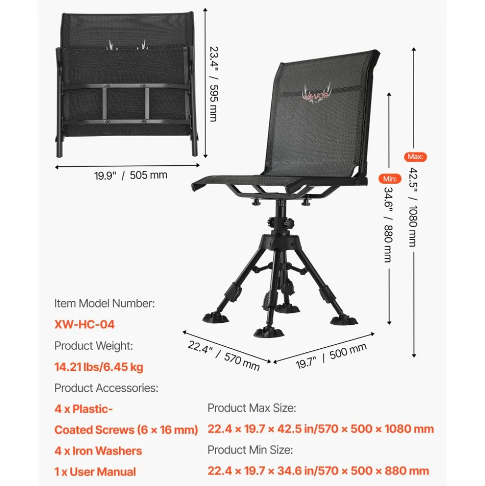VEVOR Hunting Chair, 360° Silent Swivel, Foldable Portable Blind Chair, Heavy-Duty Steel Frame Ground Stool Seat with Anti-Sink Swivel Feet, Height Adjustable, 350 Lbs Capacity for Fishing Camping