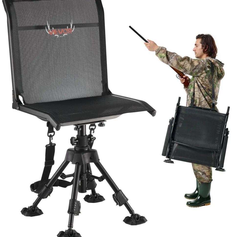 VEVOR Hunting Chair, 360° Silent Swivel, Foldable Portable Blind Chair, Heavy-Duty Steel Frame Ground Stool Seat with Anti-Sink Swivel Feet, Height Adjustable, 350 Lbs Capacity for Fishing Camping