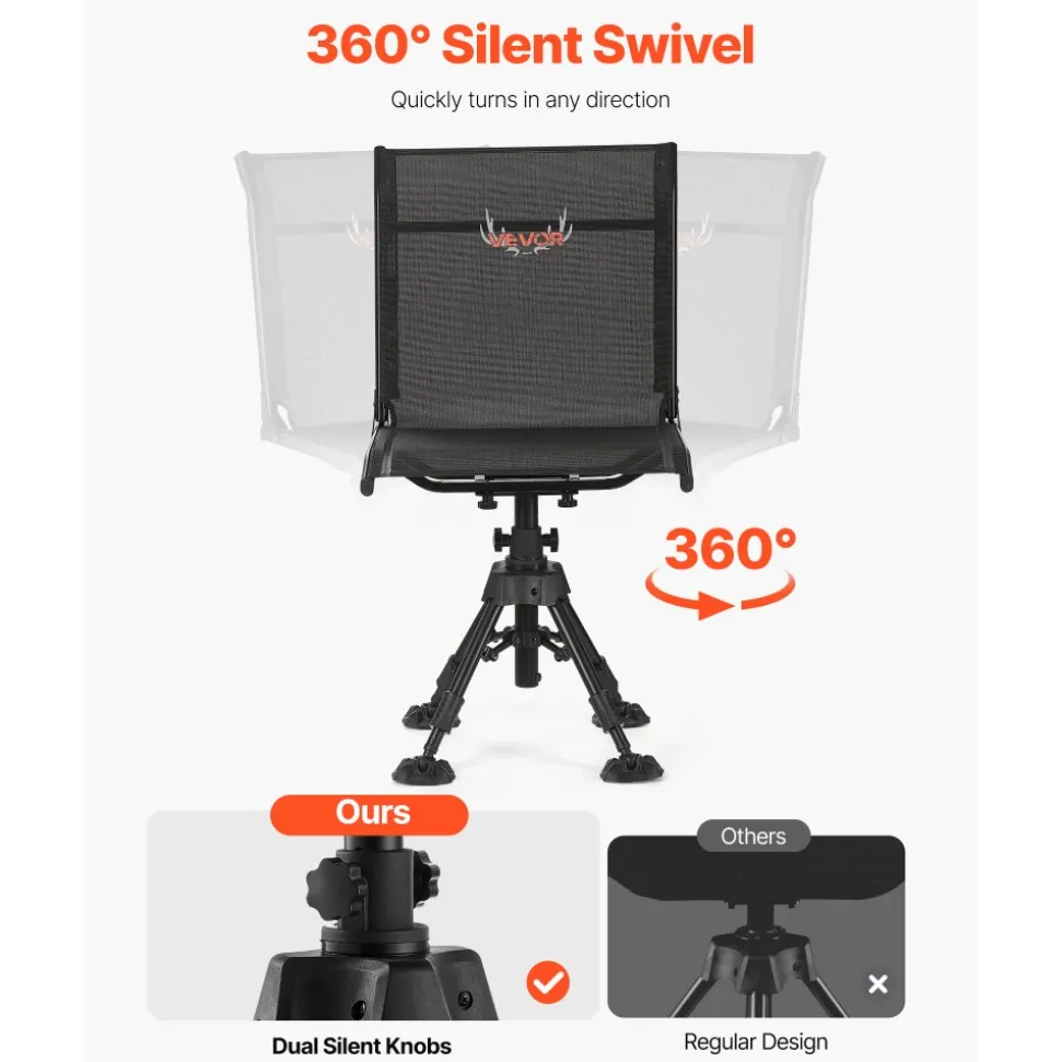 VEVOR Hunting Chair, 360° Silent Swivel, Foldable Portable Blind Chair, Heavy-Duty Steel Frame Ground Stool Seat with Anti-Sink Swivel Feet, Height Adjustable, 350 Lbs Capacity for Fishing Camping