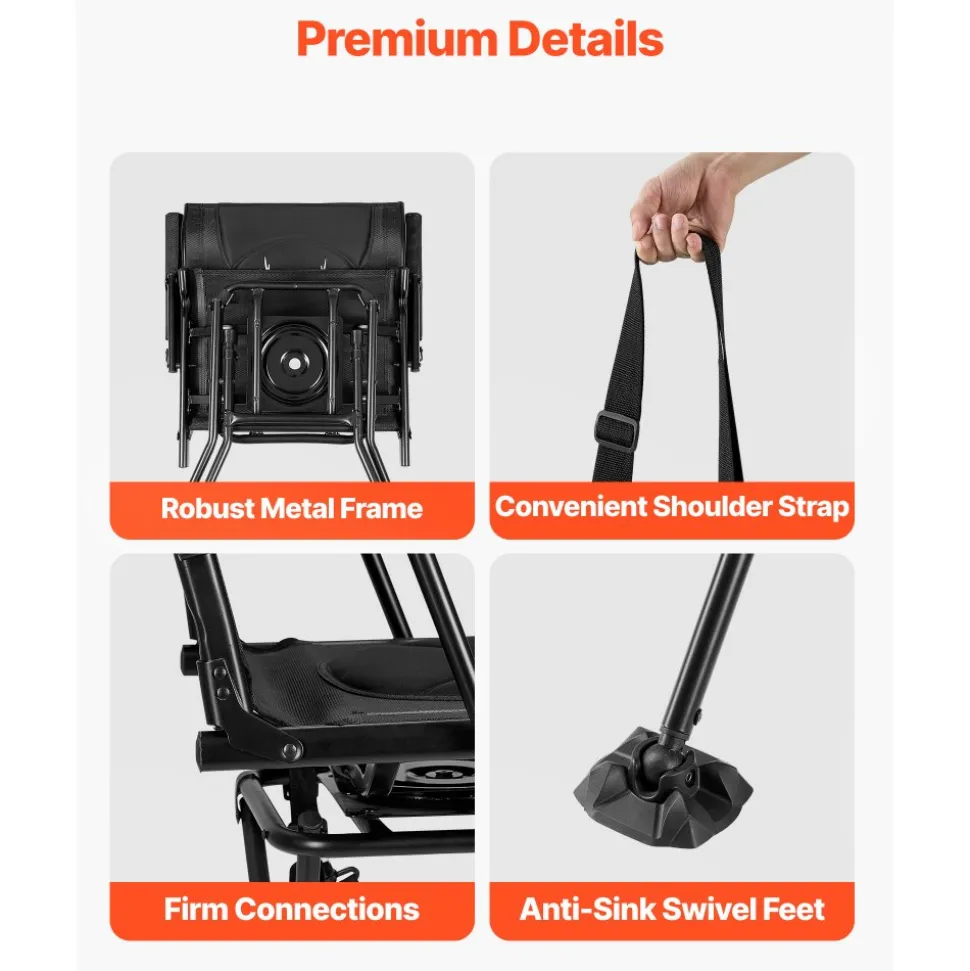 VEVOR Hunting Chair, 360° Silent Swivel, Foldable Portable Blind Chair, Heavy-Duty Steel Frame Ground Stool Seat, with Armrests, Adjustable Carry Strap, Anti-Sink Feet, 300 Lbs Capacity for Fishing