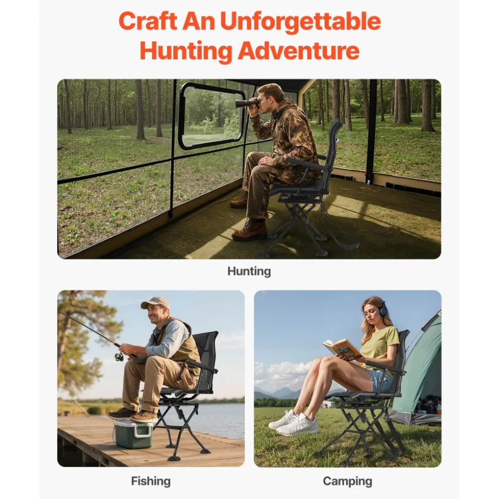 VEVOR Hunting Chair, 360° Silent Swivel, Foldable Portable Blind Chair, Heavy-Duty Steel Frame Ground Stool Seat, with Armrests, Adjustable Carry Strap, Anti-Sink Feet, 300 Lbs Capacity for Fishing