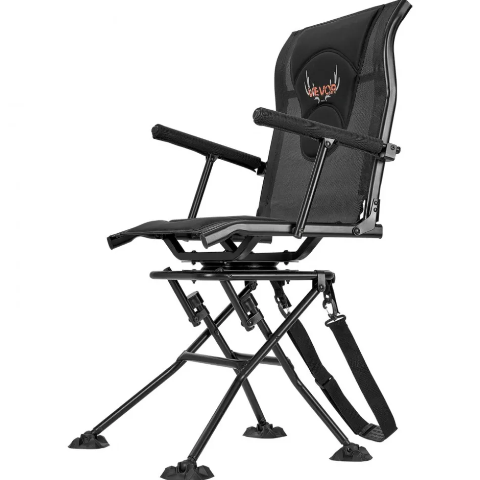 VEVOR Hunting Chair, 360° Silent Swivel, Foldable Portable Blind Chair, Heavy-Duty Steel Frame Ground Stool Seat, with Armrests, Adjustable Carry Strap, Anti-Sink Feet, 300 Lbs Capacity for Fishing
