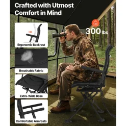 VEVOR Hunting Chair, 360° Silent Swivel, Foldable Portable Blind Chair, Heavy-Duty Steel Frame Ground Stool Seat, with Armrests, Adjustable Carry Strap, Anti-Sink Feet, 300 Lbs Capacity for Fishing
