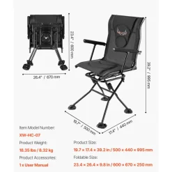 VEVOR Hunting Chair, 360° Silent Swivel, Foldable Portable Blind Chair, Heavy-Duty Steel Frame Ground Stool Seat, with Armrests, Adjustable Carry Strap, Anti-Sink Feet, 300 Lbs Capacity for Fishing