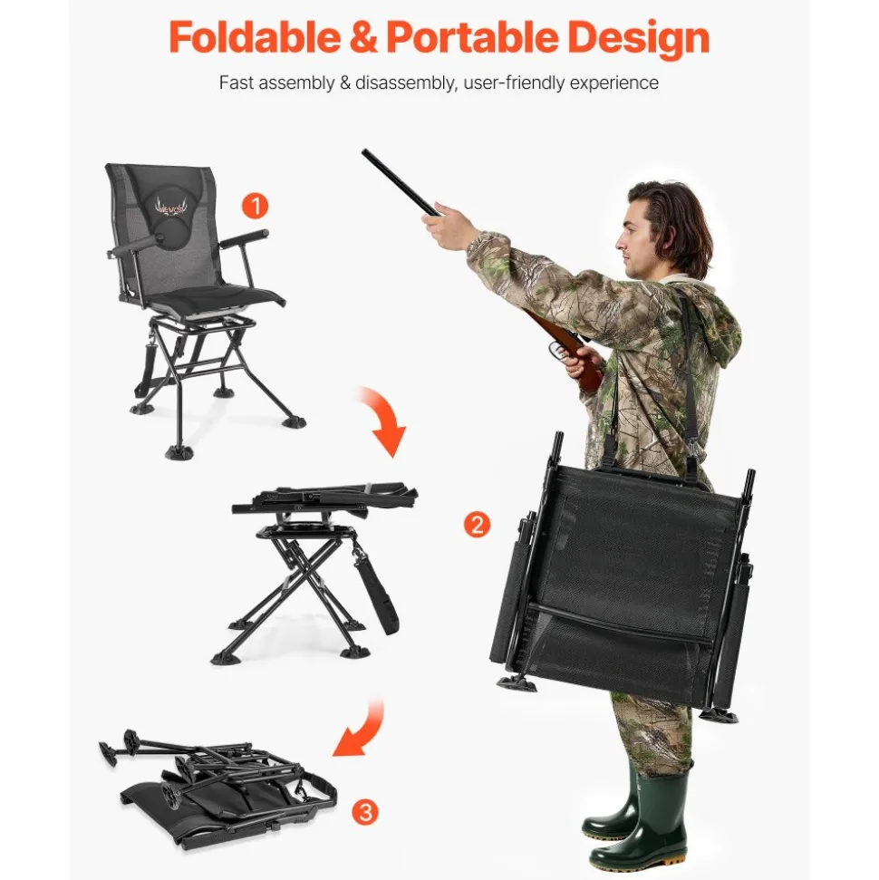 VEVOR Hunting Chair, 360° Silent Swivel, Foldable Portable Blind Chair, Heavy-Duty Steel Frame Ground Stool Seat, with Armrests, Adjustable Carry Strap, Anti-Sink Feet, 300 Lbs Capacity for Fishing