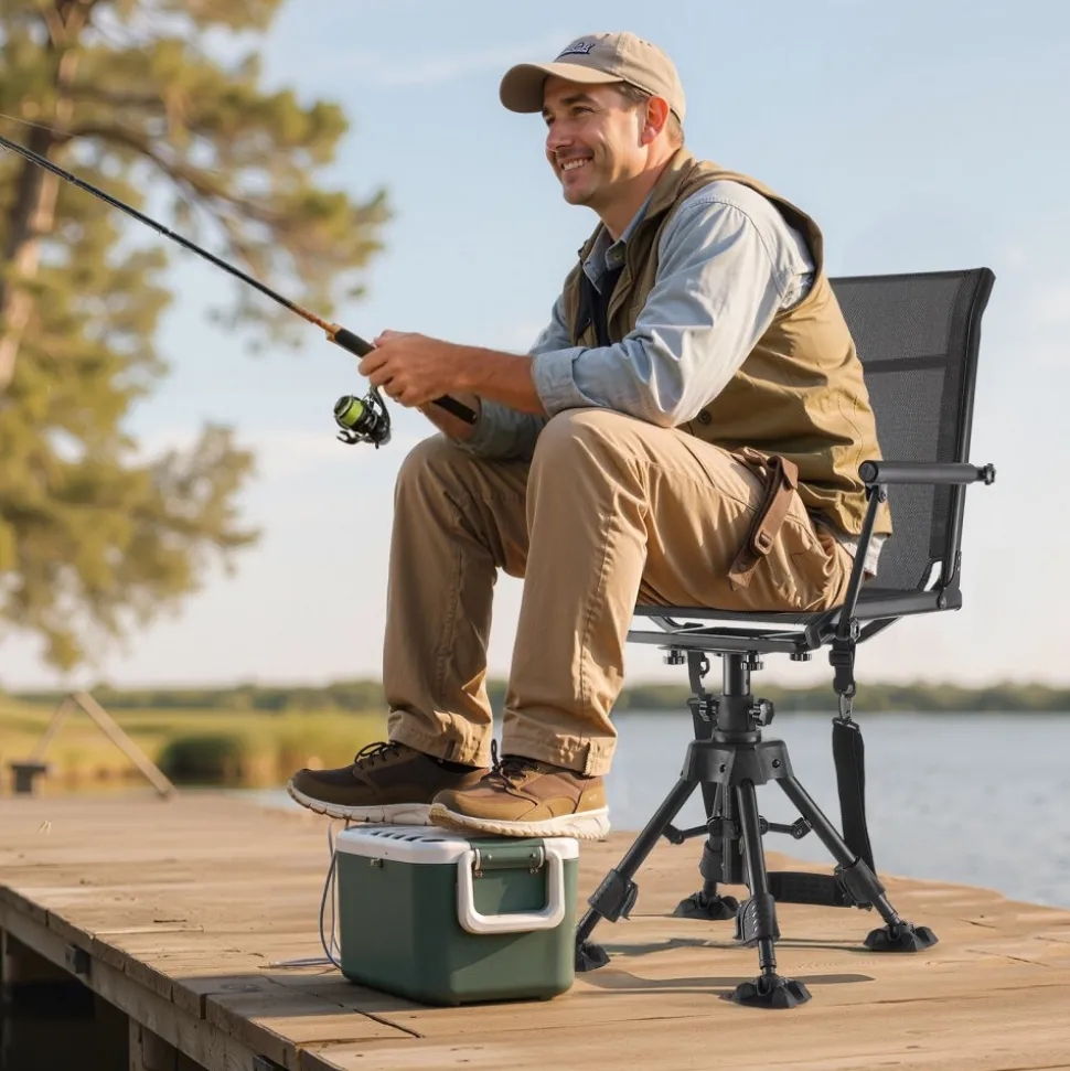 VEVOR Hunting Chair, 360° Silent Swivel, Foldable Portable Blind Chair, Heavy-Duty Steel Frame Ground Stool Seat,with Armrests, Anti-Sink Feet, Height Adjustable, 350 Lbs Capacity for Fishing Camping