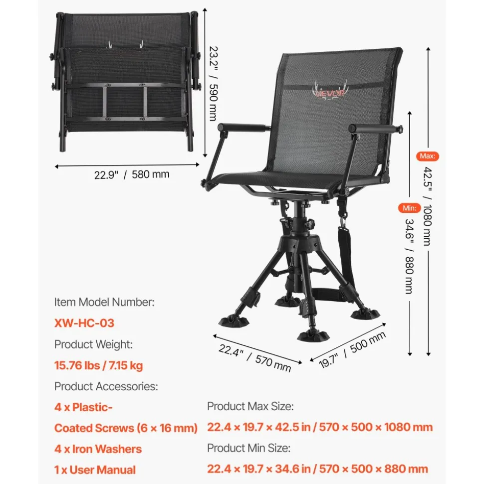 VEVOR Hunting Chair, 360° Silent Swivel, Foldable Portable Blind Chair, Heavy-Duty Steel Frame Ground Stool Seat,with Armrests, Anti-Sink Feet, Height Adjustable, 350 Lbs Capacity for Fishing Camping