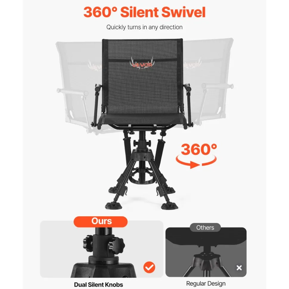 VEVOR Hunting Chair, 360° Silent Swivel, Foldable Portable Blind Chair, Heavy-Duty Steel Frame Ground Stool Seat,with Armrests, Anti-Sink Feet, Height Adjustable, 350 Lbs Capacity for Fishing Camping
