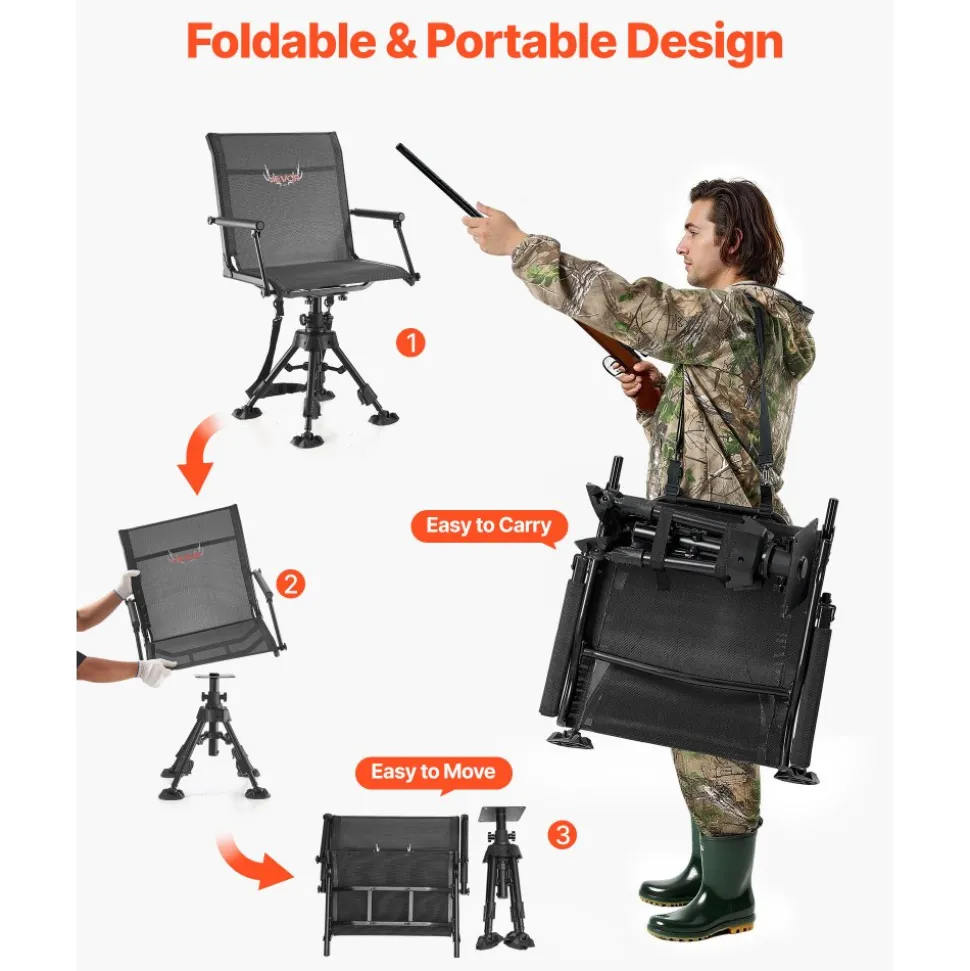 VEVOR Hunting Chair, 360° Silent Swivel, Foldable Portable Blind Chair, Heavy-Duty Steel Frame Ground Stool Seat,with Armrests, Anti-Sink Feet, Height Adjustable, 350 Lbs Capacity for Fishing Camping