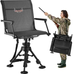 VEVOR Hunting Chair, 360° Silent Swivel, Foldable Portable Blind Chair, Heavy-Duty Steel Frame Ground Stool Seat,with Armrests, Anti-Sink Feet, Height Adjustable, 350 Lbs Capacity for Fishing Camping