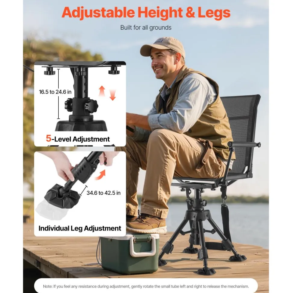 VEVOR Hunting Chair, 360° Silent Swivel, Foldable Portable Blind Chair, Heavy-Duty Steel Frame Ground Stool Seat,with Armrests, Anti-Sink Feet, Height Adjustable, 350 Lbs Capacity for Fishing Camping