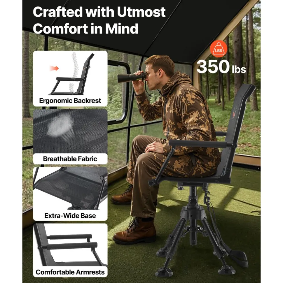 VEVOR Hunting Chair, 360° Silent Swivel, Foldable Portable Blind Chair, Heavy-Duty Steel Frame Ground Stool Seat,with Armrests, Anti-Sink Feet, Height Adjustable, 350 Lbs Capacity for Fishing Camping