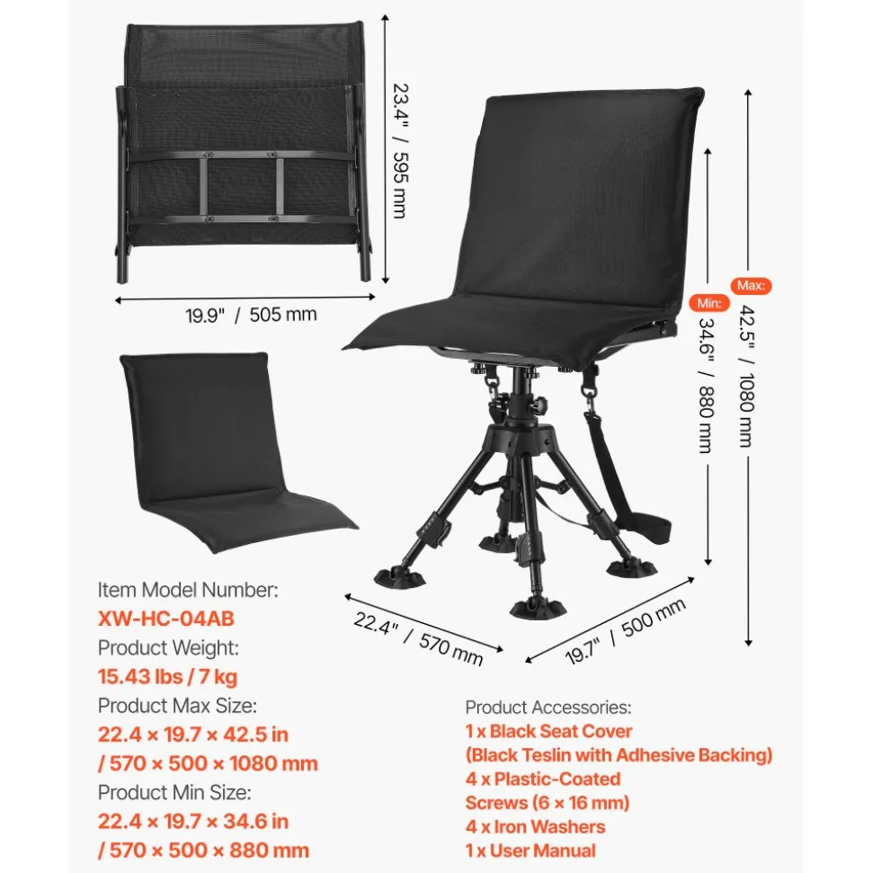 VEVOR Hunting Chair, 360° Silent Swivel, Foldable Portable Blind Chair, Heavy-Duty Steel Frame Ground Stool Seat,with Seat Cover, Anti-Sink Feet, Height Adjustable, 350 Lbs Capacity, for Fishing