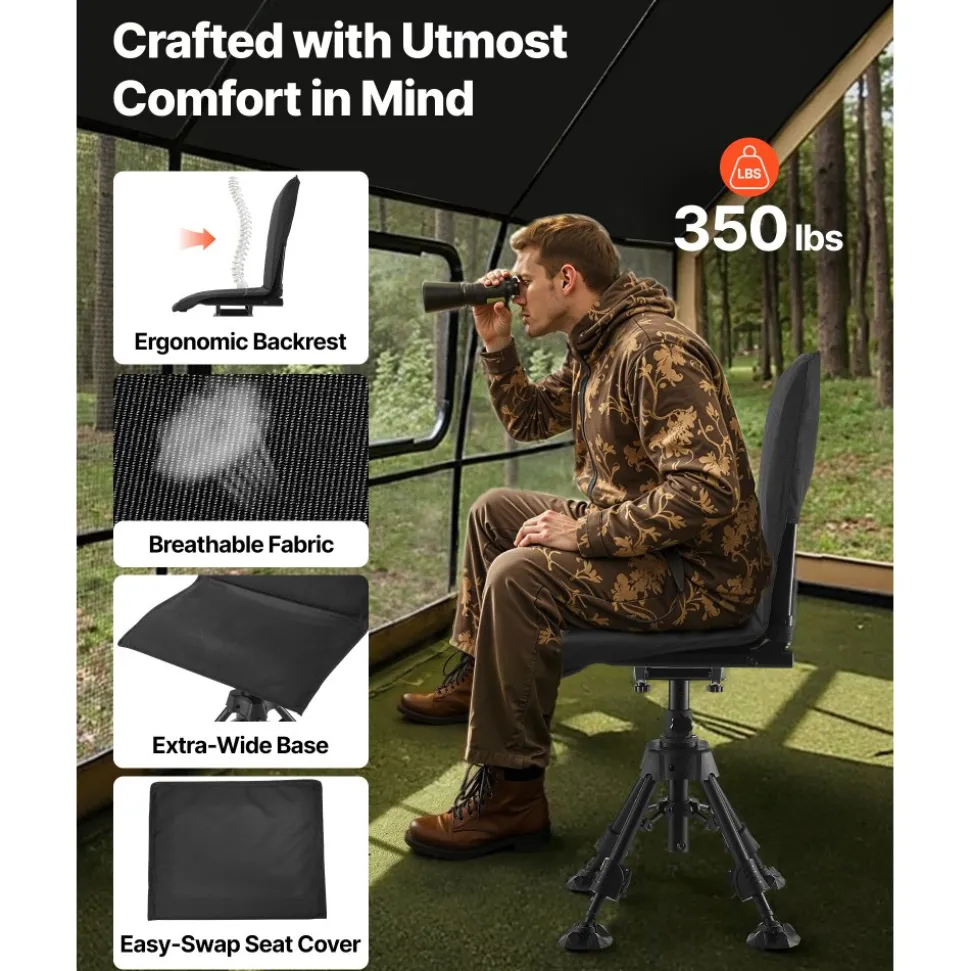 VEVOR Hunting Chair, 360° Silent Swivel, Foldable Portable Blind Chair, Heavy-Duty Steel Frame Ground Stool Seat,with Seat Cover, Anti-Sink Feet, Height Adjustable, 350 Lbs Capacity, for Fishing