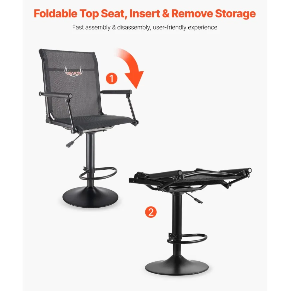 VEVOR Hunting Chair, 360° Silent Swivel, Lightweight Blind Chair, Heavy-Duty Steel Frame Ground Stool Seat, with Padded Armrests, Height Adjustable, 300 Lbs Capacity, for Outdoor Fishing, Camping
