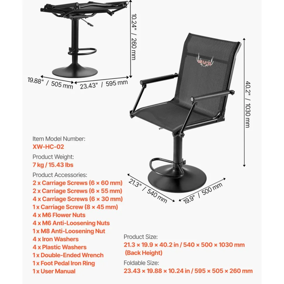 VEVOR Hunting Chair, 360° Silent Swivel, Lightweight Blind Chair, Heavy-Duty Steel Frame Ground Stool Seat, with Padded Armrests, Height Adjustable, 300 Lbs Capacity, for Outdoor Fishing, Camping