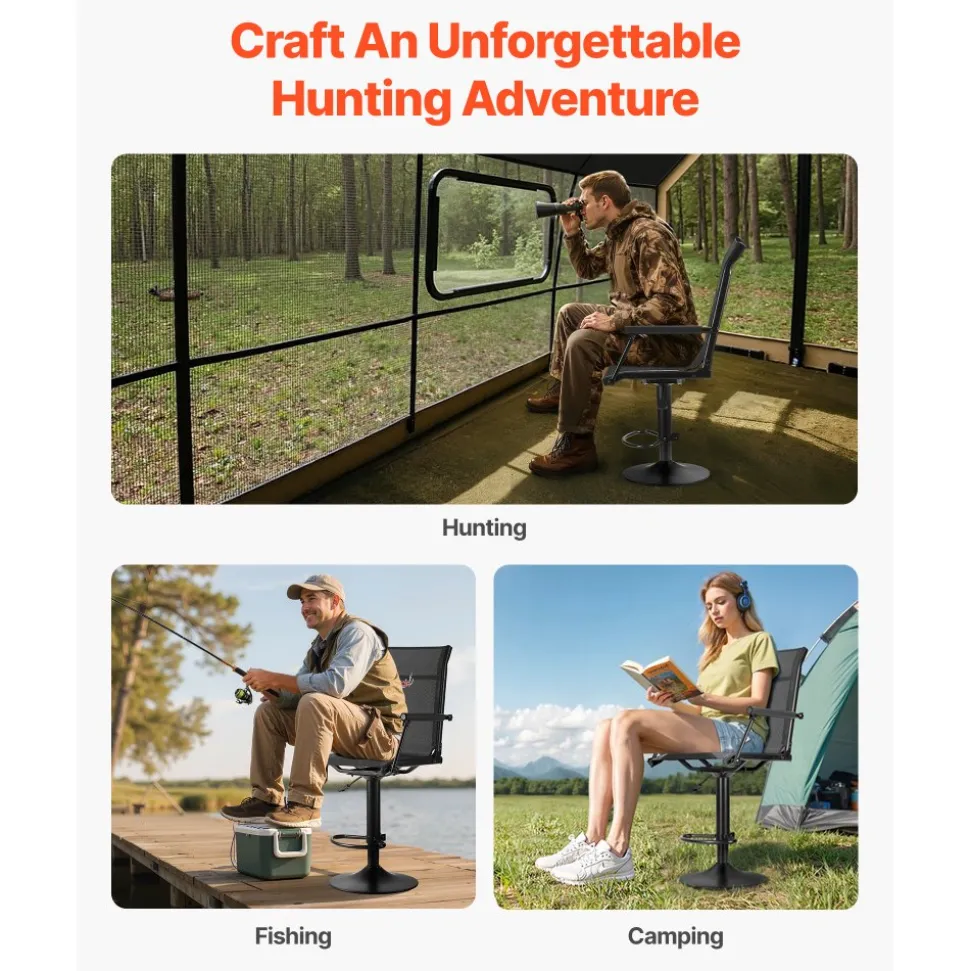 VEVOR Hunting Chair, 360° Silent Swivel, Lightweight Blind Chair, Heavy-Duty Steel Frame Ground Stool Seat, with Padded Armrests, Height Adjustable, 300 Lbs Capacity, for Outdoor Fishing, Camping