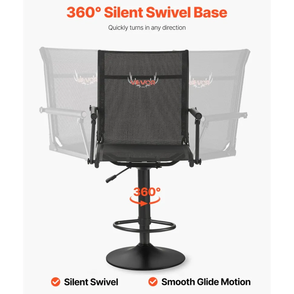 VEVOR Hunting Chair, 360° Silent Swivel, Lightweight Blind Chair, Heavy-Duty Steel Frame Ground Stool Seat, with Padded Armrests, Height Adjustable, 300 Lbs Capacity, for Outdoor Fishing, Camping