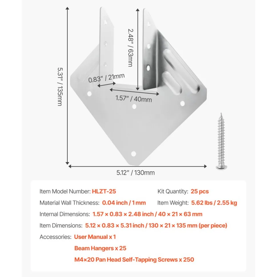 VEVOR Hurricane Ties for Rafter, Inner Size 5.31x1.57x2.48 in / 135x40x63 mm, Heavy Duty Hurricane Straps, Heavy Duty Rafter Ties Brackets Joist Hangers for Roof Beam Wooden Construction, 25 Pcs