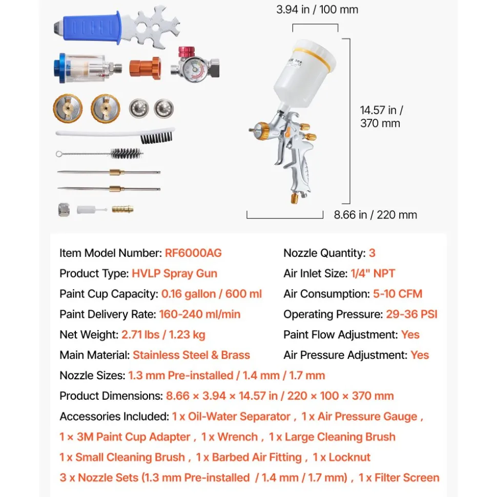 VEVOR HVLP Air Spray Gun, Gravity Feed Paint Sprayer Gun with 3 Nozzles (1.3/1.4/1.7mm), 600ml Capacity Auto Paint Sprayer with Air Regulator for Automotive Primers, Clear Coats & Topcoats