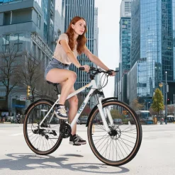 VEVOR Hybrid Bike, Lightweight Aluminum Frame Bike, 700c Wheel Men Women Hybrid Bicycle, Step-Over Adult Urban City Commuter Bikes, with 24-Speed Shimano Drivetrain, Alloy Adjustable Stem, Dual Brakes