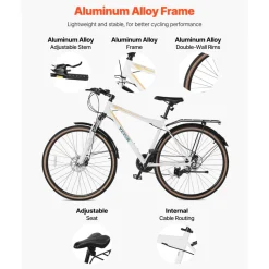 VEVOR Hybrid Bike, Lightweight Aluminum Frame Bike, 700c Wheel Men Women Hybrid Bicycle, Step-Over Adult Urban City Commuter Bikes, with 24-Speed Shimano Drivetrain, Alloy Adjustable Stem, Dual Brakes