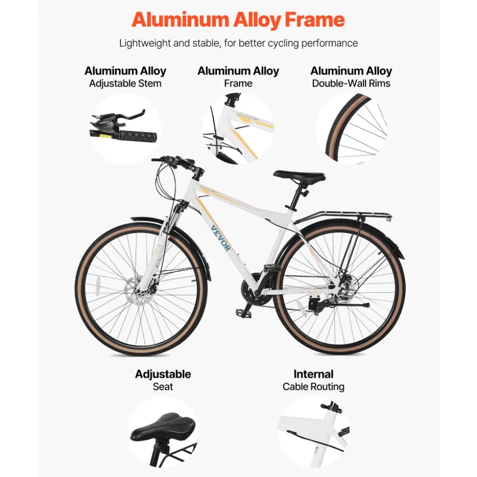 VEVOR Hybrid Bike, Lightweight Aluminum Frame Bike, 700c Wheel Men Women Hybrid Bicycle, Step-Over Adult Urban City Commuter Bikes, with 24-Speed Shimano Drivetrain, Alloy Adjustable Stem, Dual Brakes